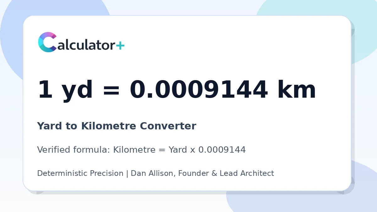 Yard to Kilometre conversion result card showing 1 yd equals 0.0009144 km, verified by Calculator+.