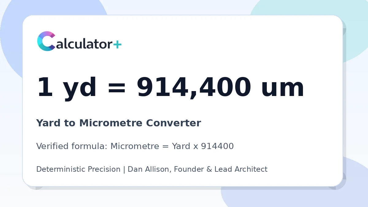 Yard to Micrometre conversion result card showing 1 yd equals 914,400 um, verified by Calculator+.