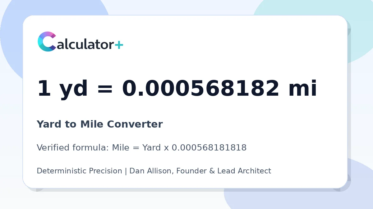 Yard to Mile conversion result card showing 1 yd equals 0.000568182 mi, verified by Calculator+.