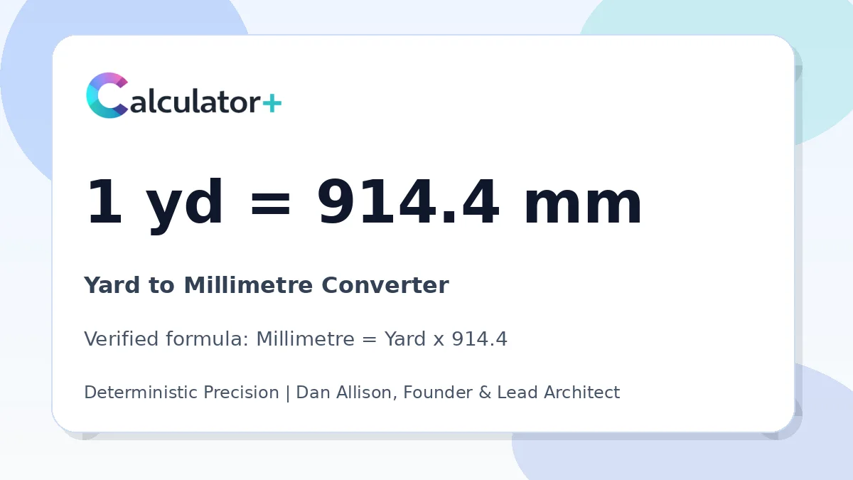 Yard to Millimetre conversion result card showing 1 yd equals 914.4 mm, verified by Calculator+.