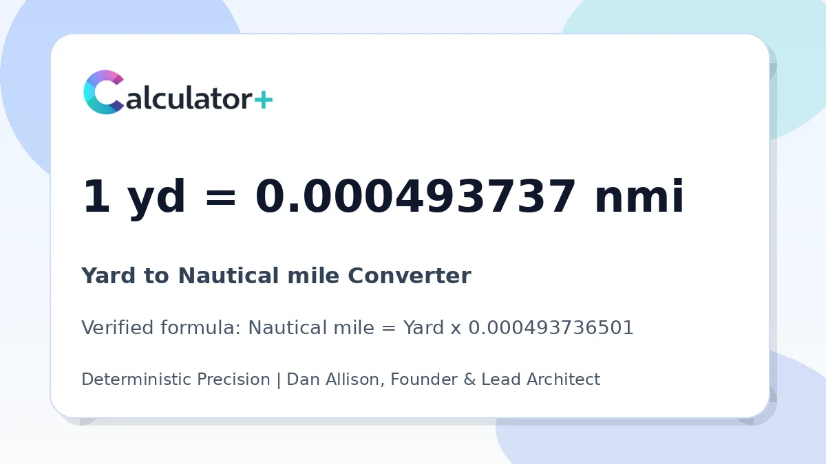 Yard to Nautical mile conversion result card showing 1 yd equals 0.000493737 nmi, verified by Calculator+.